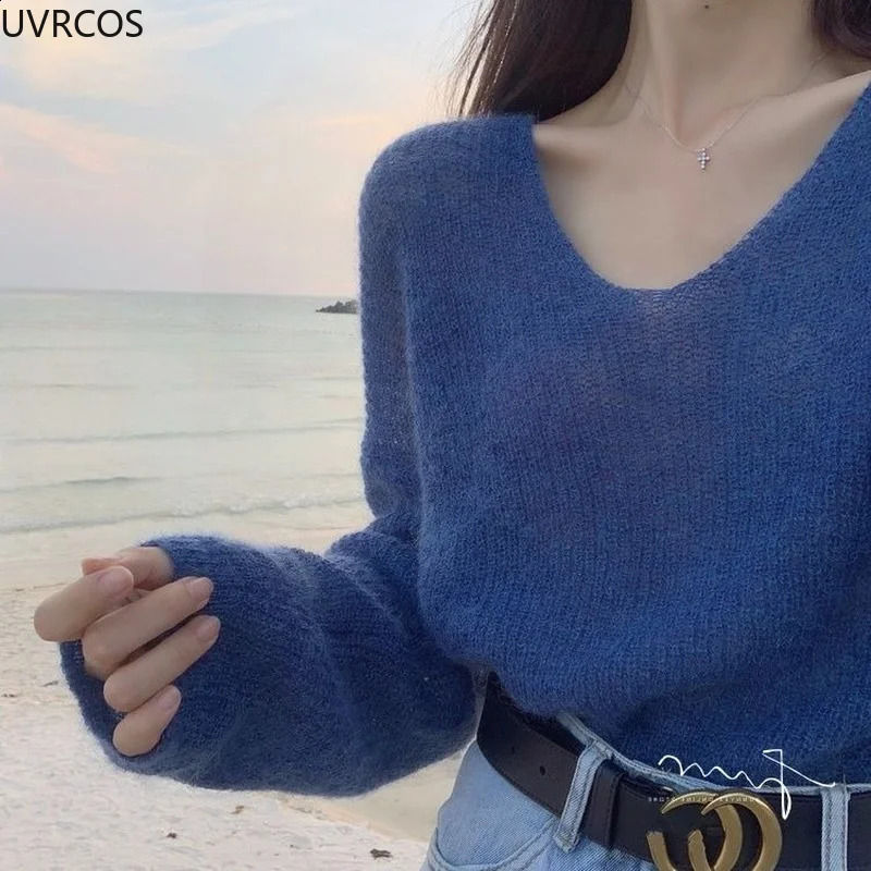 Sexy Thin Sweaters Women Vintage Hollow Knitted Pullovers Top Sweet Casual Loose Vneck Sweatshirt Elegant Korean Womens Clothes 240719