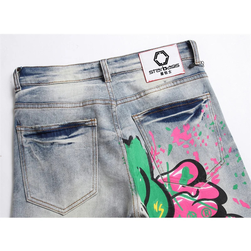 starbags style Punk trend retro blue ripped slim stretch print small feet mens jeans 240716