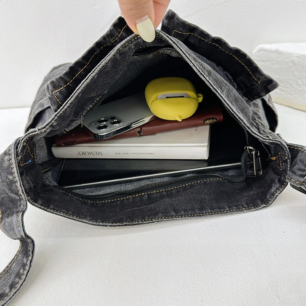Denim Vintage Messenger Bag Retro Jeans Tote Large Capacity Women Casual Satchel Fashion Shoulder Handbag 240731