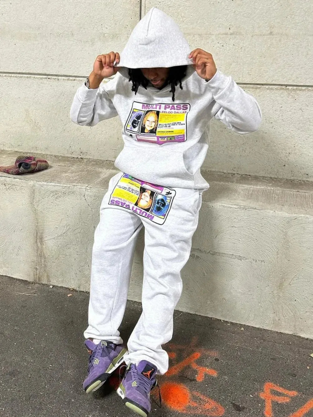 High Street Y2K Round Neck Hooded And Casual Print Harajuku Sports Long Pant Sweatshirt Drawstring Men Two Piece Set 240722