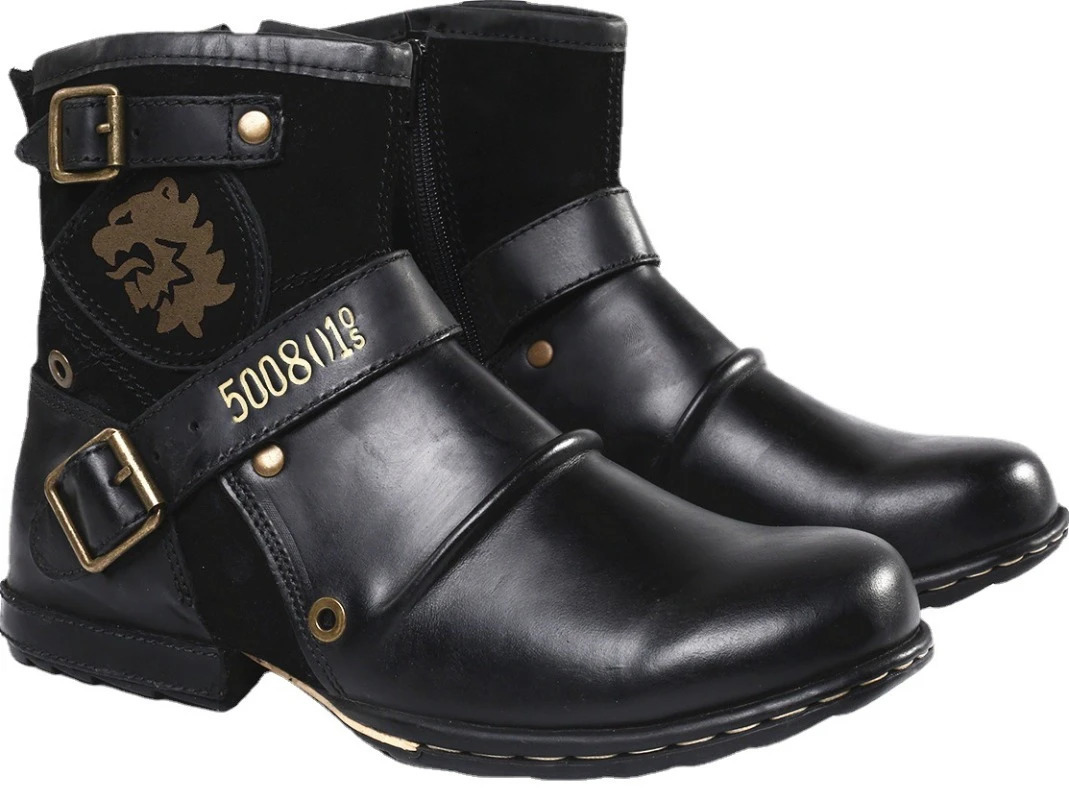 WInter Fashion Mens Shoes Boots Warm Leather Vintage Motorcycle Male Boots Riding Retro Metal Style Zippers Mens Shoes 240718