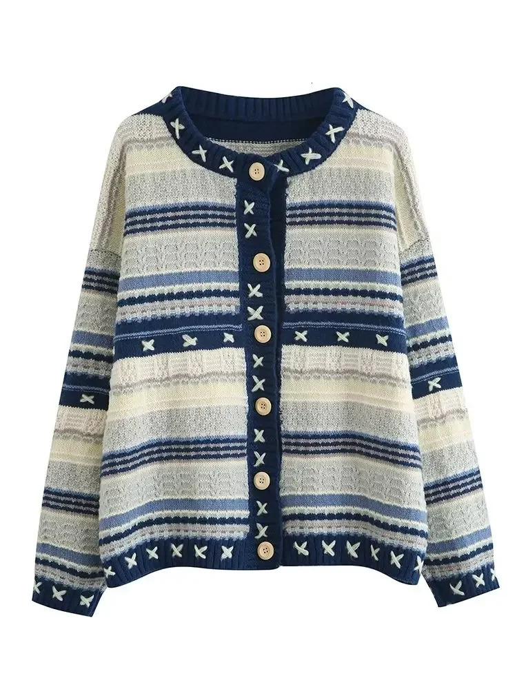 HOUZHOU Vintage Cardigan Sweater Men Blue Long Sleeve Striped Sweater Coat V-neck Casual Knitted Jumpers Male Korean Clothes 240715