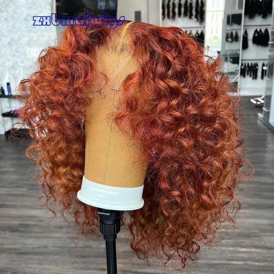 Free shipping New Ginger Orange Deep Curly Short Human Hair 13x4 Water Wave Frontal Bob Reddish Brown Synthetic Lace Closure Wigs