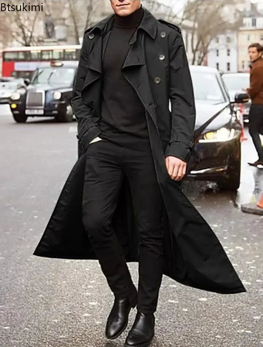 Mens Overcoat Vintage Long Trench Jacket Coats Mens Business Party Casual Long Solid Windbreak Outwear Mens Clothing 240716