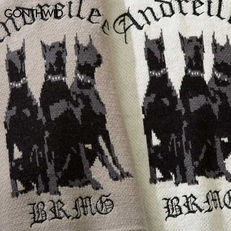 Men Vintage Sweater Y2K Streetwear Hip Hop Vintage Knitted Doberman Dog Sweaters Autumn Harajuku Fashion Retro Casual Sweaters Z240912