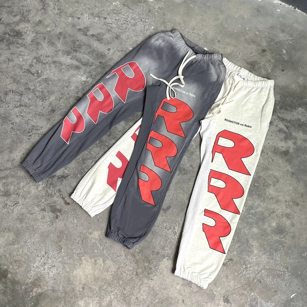Yao888 RRR1123 Fashion 100% Cotton Vintage Washed Pants Sport Loose Drawstring Print Streetwear Trousers Sweatpants For Men 240716