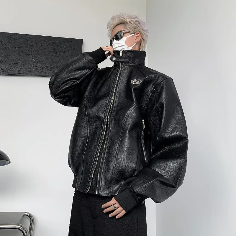 Punk Leather Jacket Mens Spring Standing Collar Trendy High Street Coats Y2k Streetwear Hip Hop Motorcycle Outwear 240716