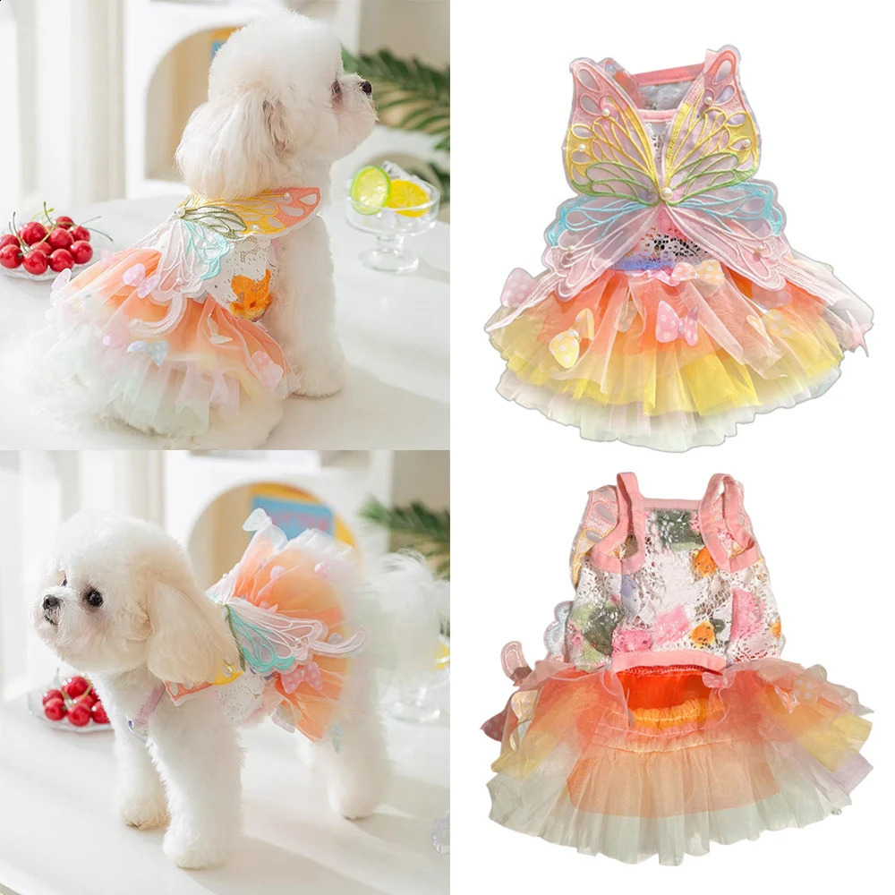 Big Butterfly Small Dogs Dress Mesh Lace Thin Apparel Rainbow Pet Tutu Winged Puppy Bridal Gown Tulle Skirt Clothing 240722 H260130