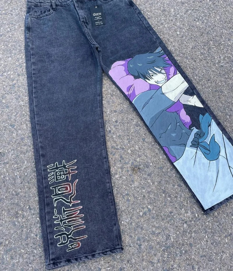 Harajuku Anime Denim Pants Y2k Hip Hop Streetwear Fashion Pattern Printing Men Clothes Loose Straight Cylinder Casual Trousers 240719