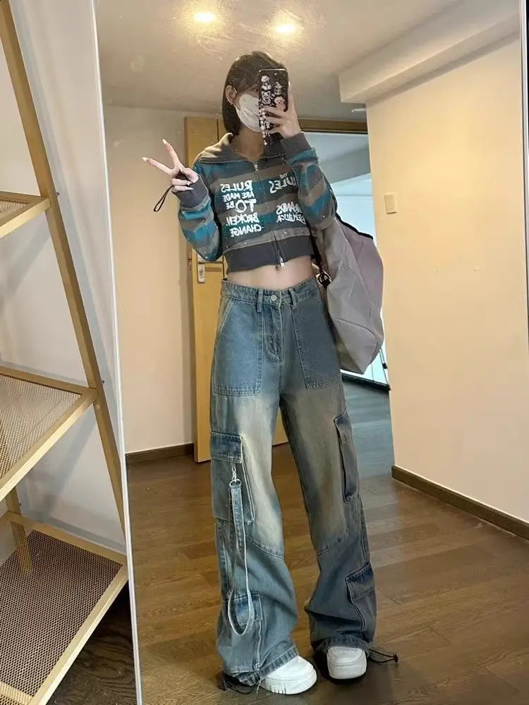 American hip-hop personalized retro washed workwear jeans for men and women loose straight leg wide leg retro casual pants y2k 240722