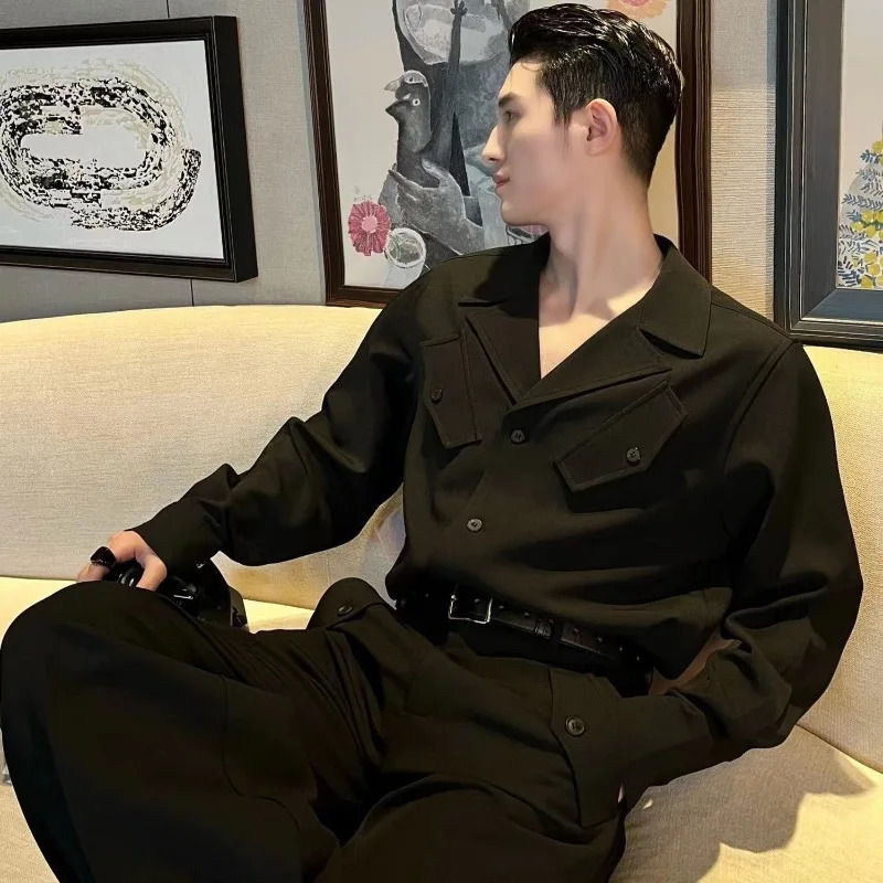 Korean Style Autumn Handsome Fashionable Shirt Suit Trendy Mens Loose Shirt Wide-leg Pants with One-piecetwo-piece Set Cityboy 240715