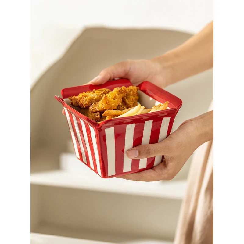 Creative Ceramic Bowl Square Household Food Container Afternoon Tea Popcorn French Fries Chicken Dessert Bowls Kitchen SuppliesB270723