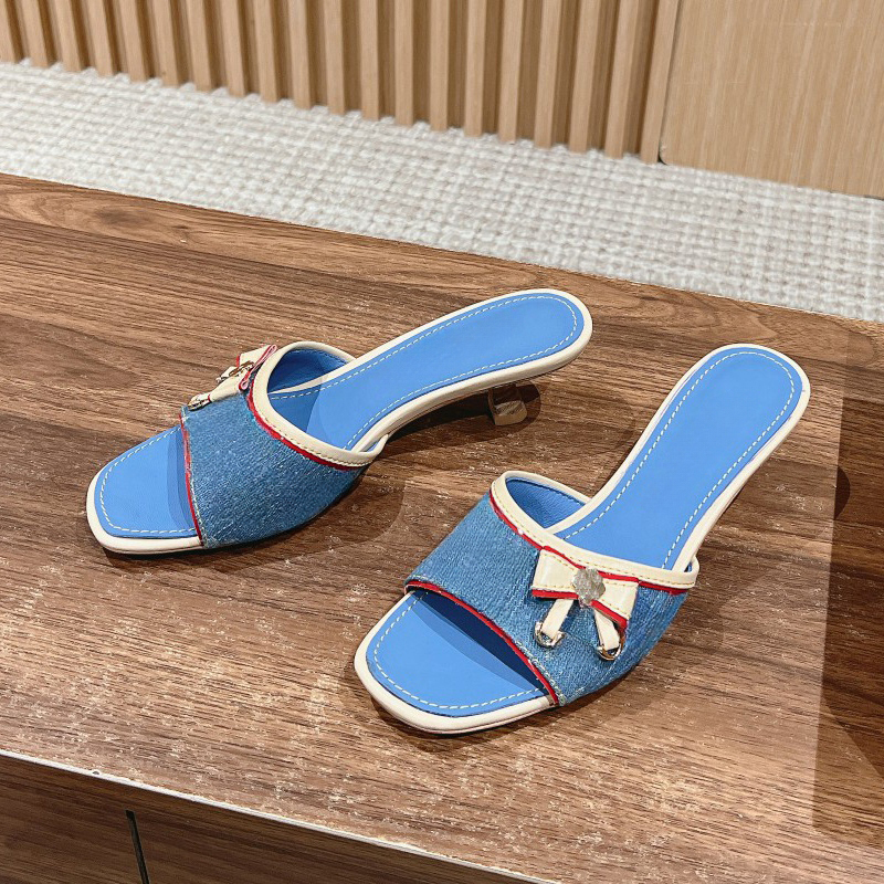 Designer Revival Mule Designer Blue Denim Sandals Embroidered Printed Stiletto Heels Leather Round Toe Flip-Flops Lady Summer Denim Mule Sandal High Heel