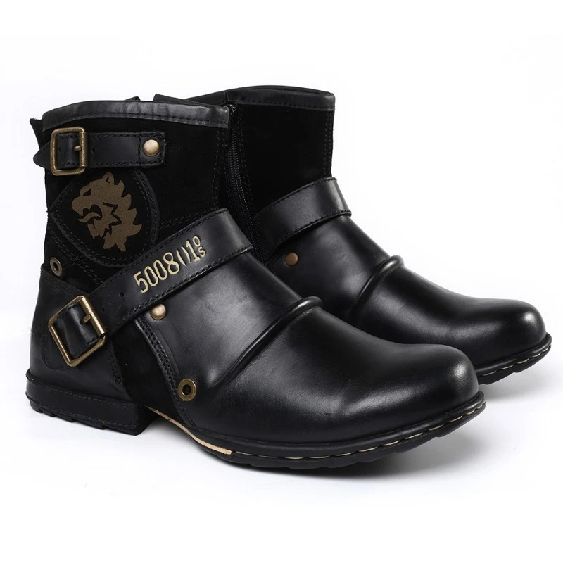 WInter Fashion Mens Shoes Boots Warm Leather Vintage Motorcycle Male Boots Riding Retro Metal Style Zippers Mens Shoes 240718