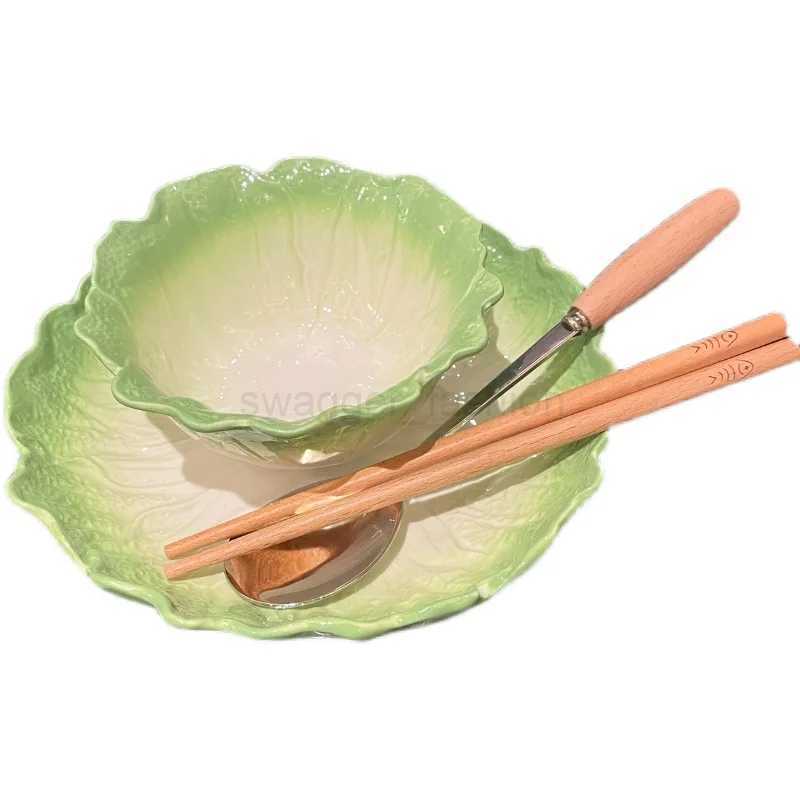 Creative Home Tableware Ceramic Cabbage Color Matching Pastoral Style Rice Ramen Bowl +Plate High-Grade Green TablewareB270723