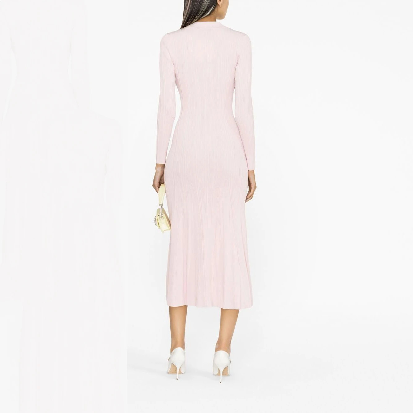 Womens pink knitted medium-length dress senior sense of fashion temperament polo collar waist-skimming long dress 240722