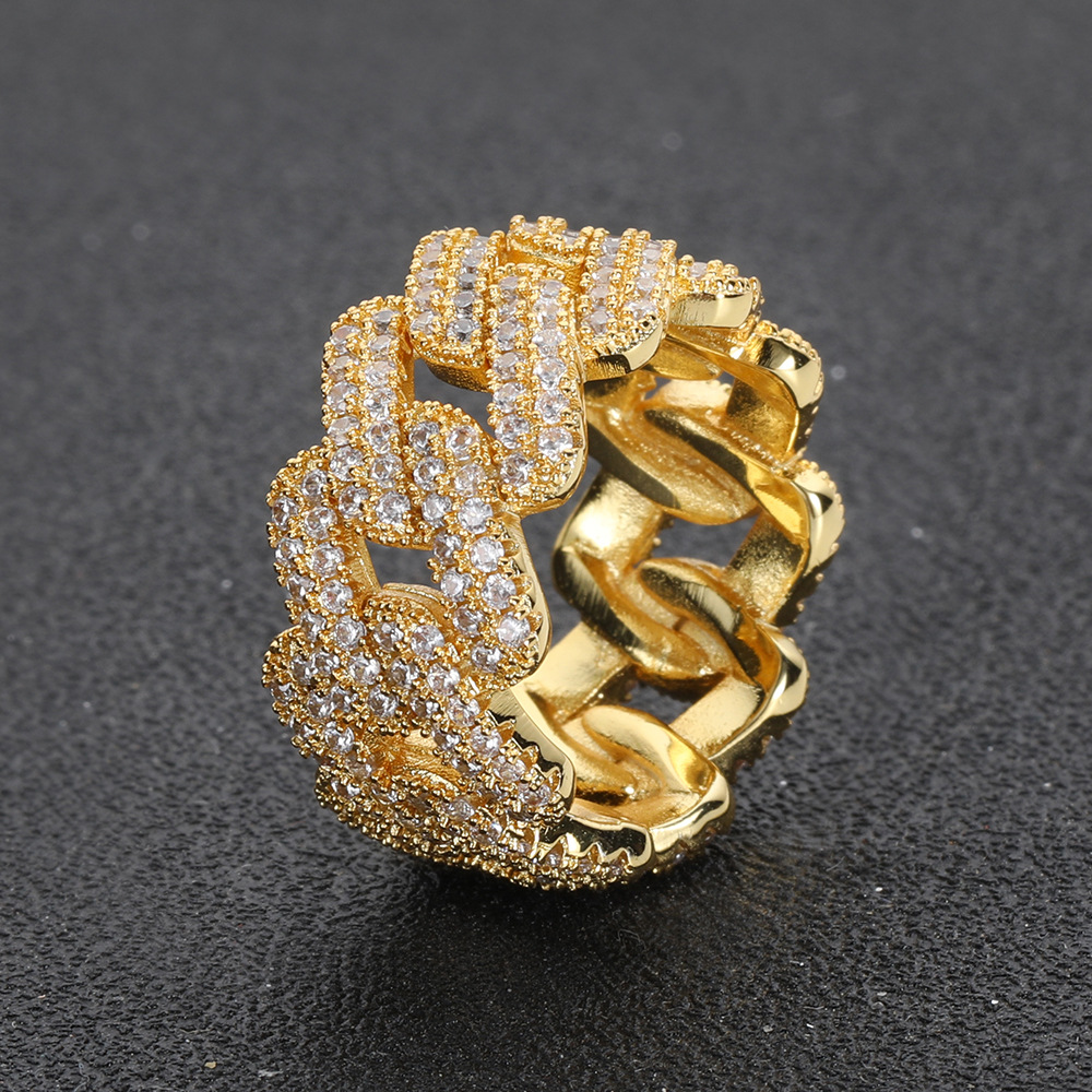 Hip Hop 11mm Rhombus Cuban Chain Rings 18K Real Gold Plated Mens Rap Jewelry