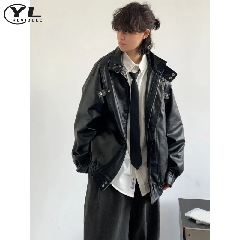 Street Stand Collar Pilot Jacket Men Vintage Pu Leather Motorcycle Jackets Loose Windbreak Coats Woman Oversized Bomber Outwear 240722