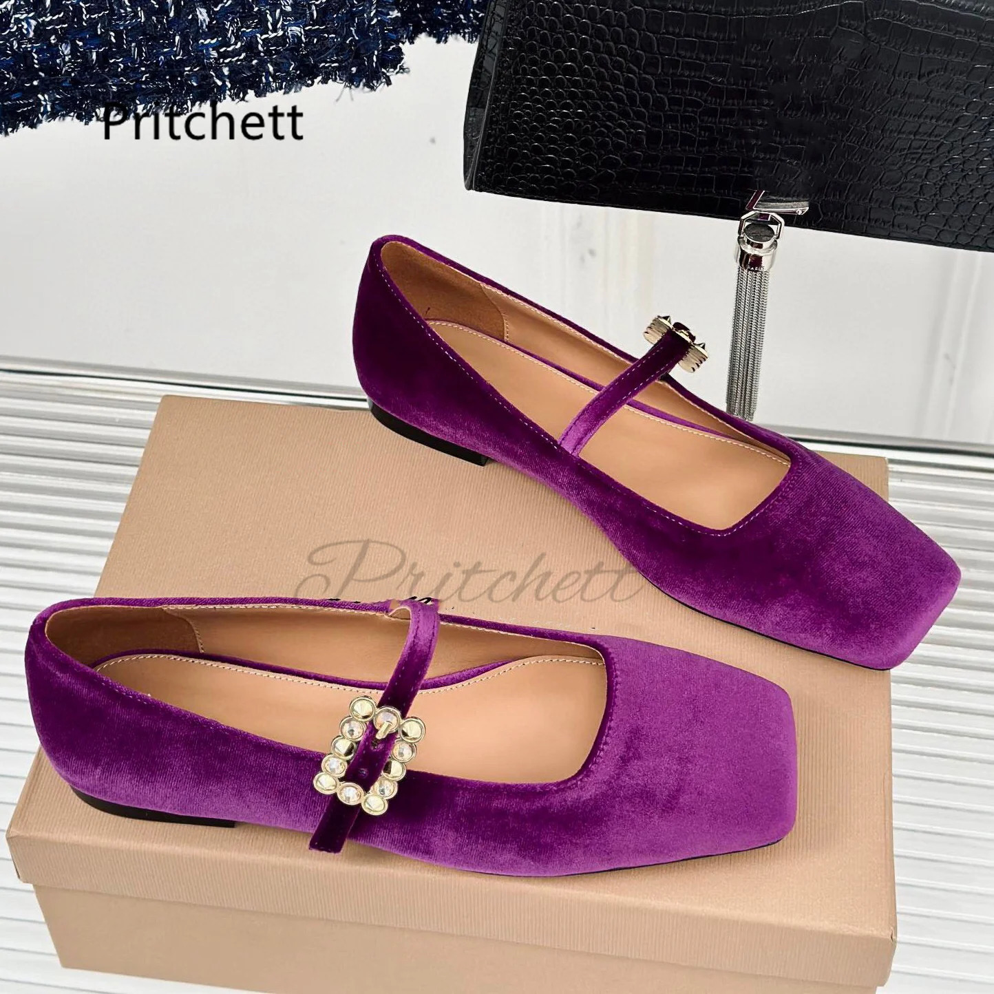 Rhinestone Square Buckle Ballet Flats Women Toe Velet Mary Janes Single Shoe Flat Casual Womens Shoes Daily In 240718