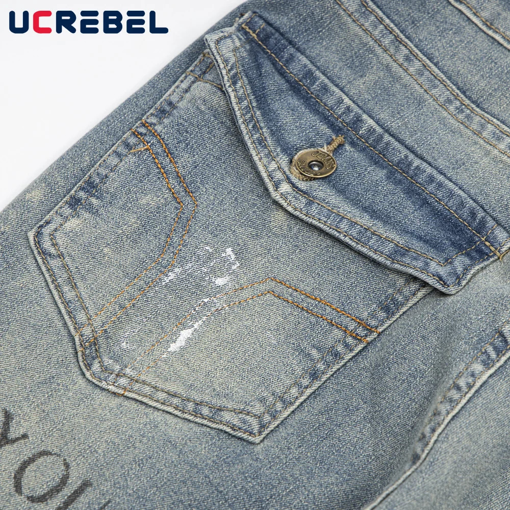 Letter Print Washed Distressed Jeans Mens Graffiti High Street Pocket Loose Denim Flare Pants Men Trousers 240716