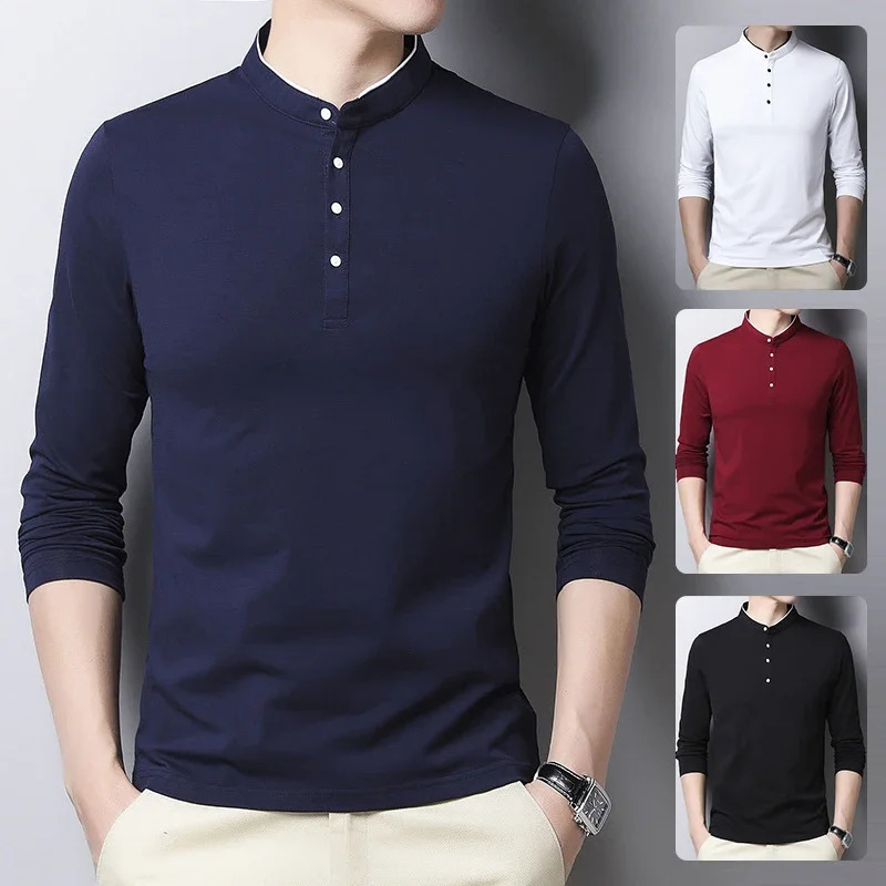 Mens Fashion Long sleeved POLO Shirt Casual Cotton Breathable Top Stand up Collar Korean Comfortable T-shirt Top 240717