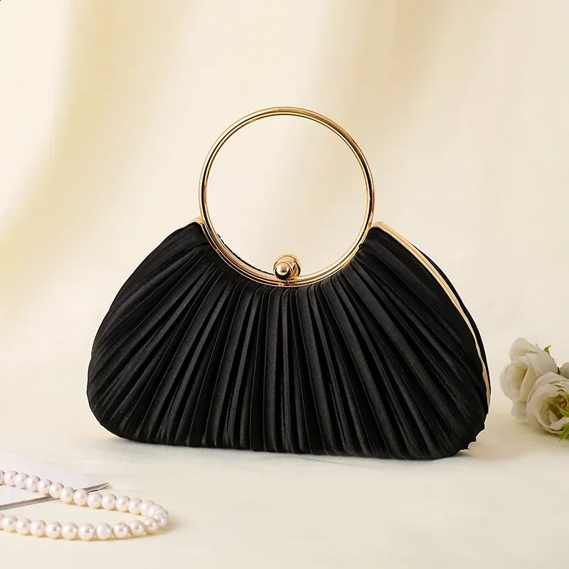 Pleated Evening Handbag Women Top Handle Glitter Day Clutch Ladies Wedding Dinner Dress Clip Bag Diamond Party Purse Gold Colour 240722