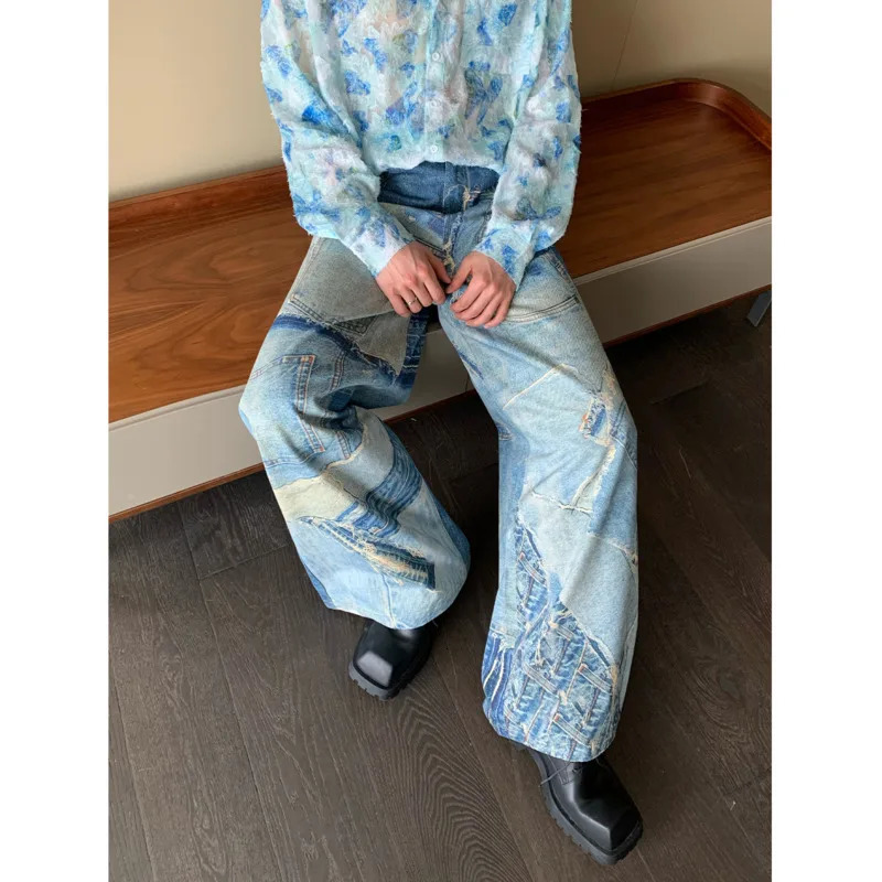 NOYMEI Vintage Style Spring Mens Denim Jean Printing Patch Decoration High Street Trendy Trousers Male Pants WA3971 240716