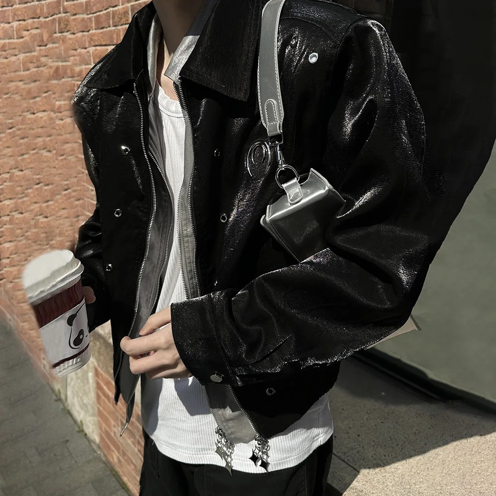 Mens Leather Outerwear Y2k Clothes Trend Streetwear Faux Leather Glossy Long Sleeve Jackets Motorcycle Zipper Short Tops Coat 240716
