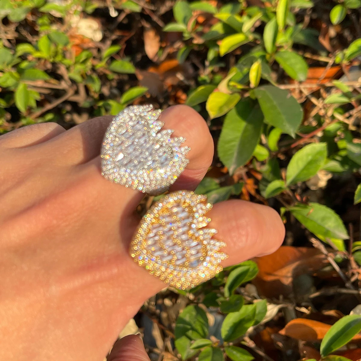 Bubble Letter Baguette Flame Ring for Men Iced Out Finger Charms Real Gold Plated Hip Hop Fashion Jewelry Trends 240713