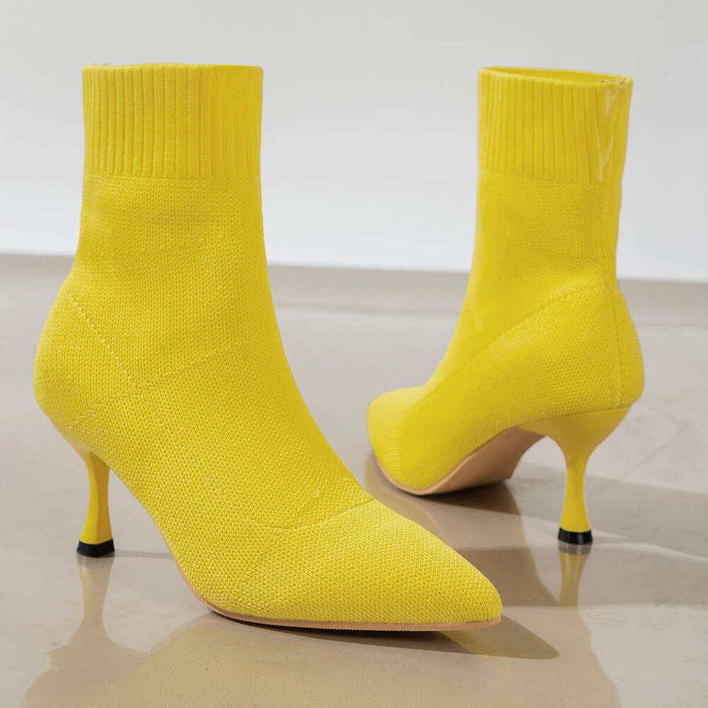 Large size slim high short knitted autumn and winter single pointed thin heels shoes women's boots
