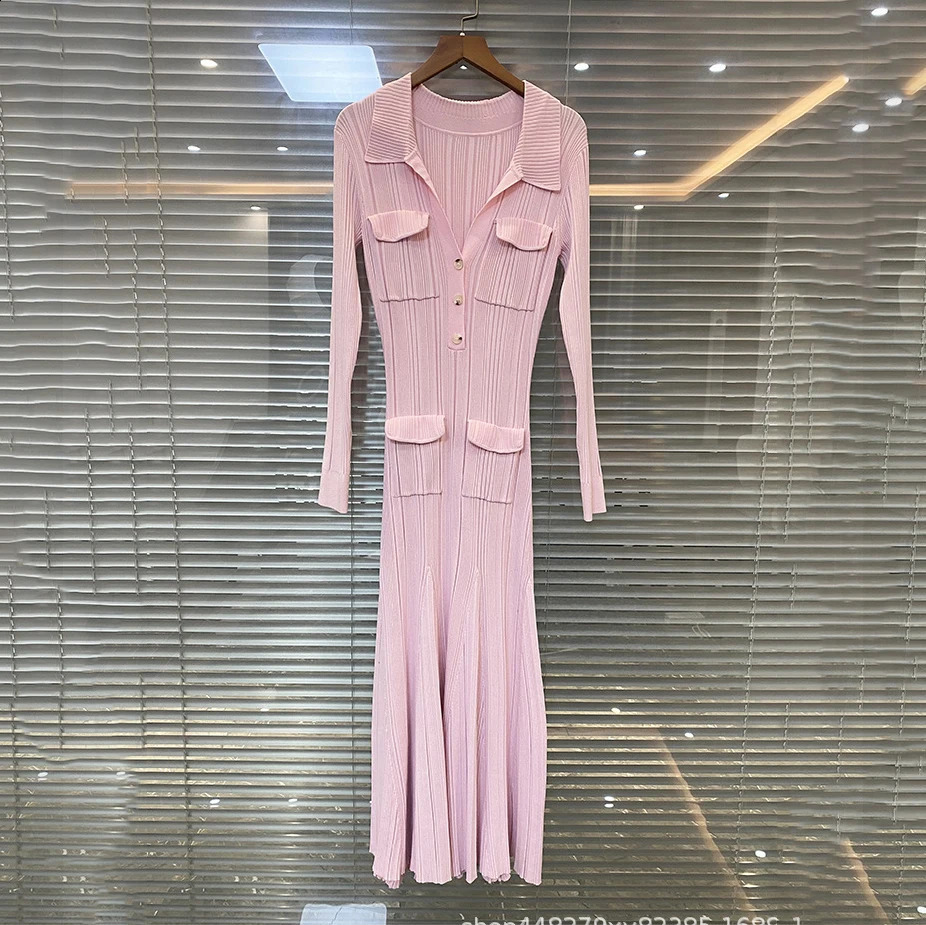 Womens pink knitted medium-length dress senior sense of fashion temperament polo collar waist-skimming long dress 240722