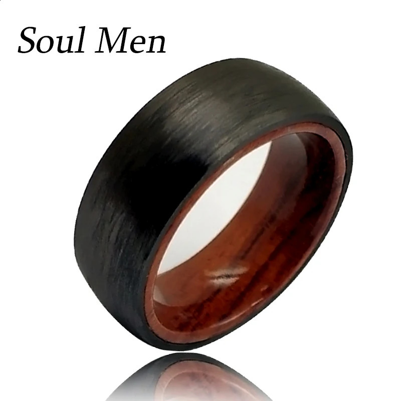 Mens 8mm Domed Pure Carbon Fiber Rings Solid Hawaiian KOA Wood Sleeve Wedding Band Comfort Fit 240713