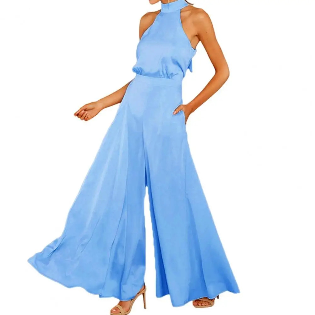 Pure Color Jumpsuit Elegant Off-shoulder Womens Jumpsuit with Halter Neck Wide Leg for Parties Proms Featuring Deep Crotch 240715