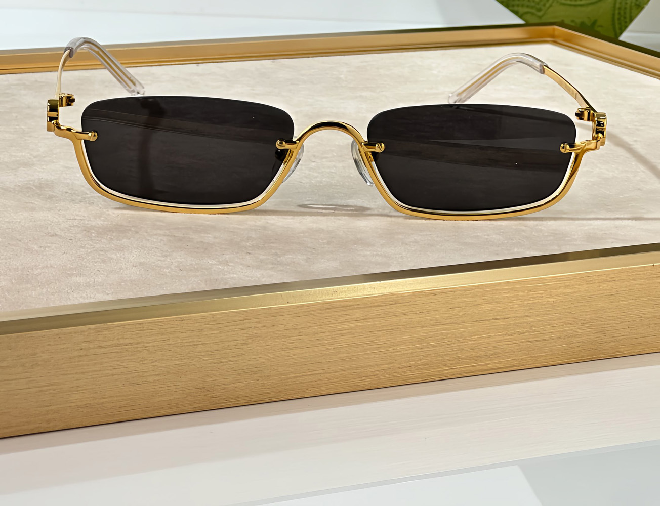 Gold Half Frame Rectangle Sunglasses for Women Men Designer Glasses Stylish Summer Sunnies UV400 Eye Protection with Case
