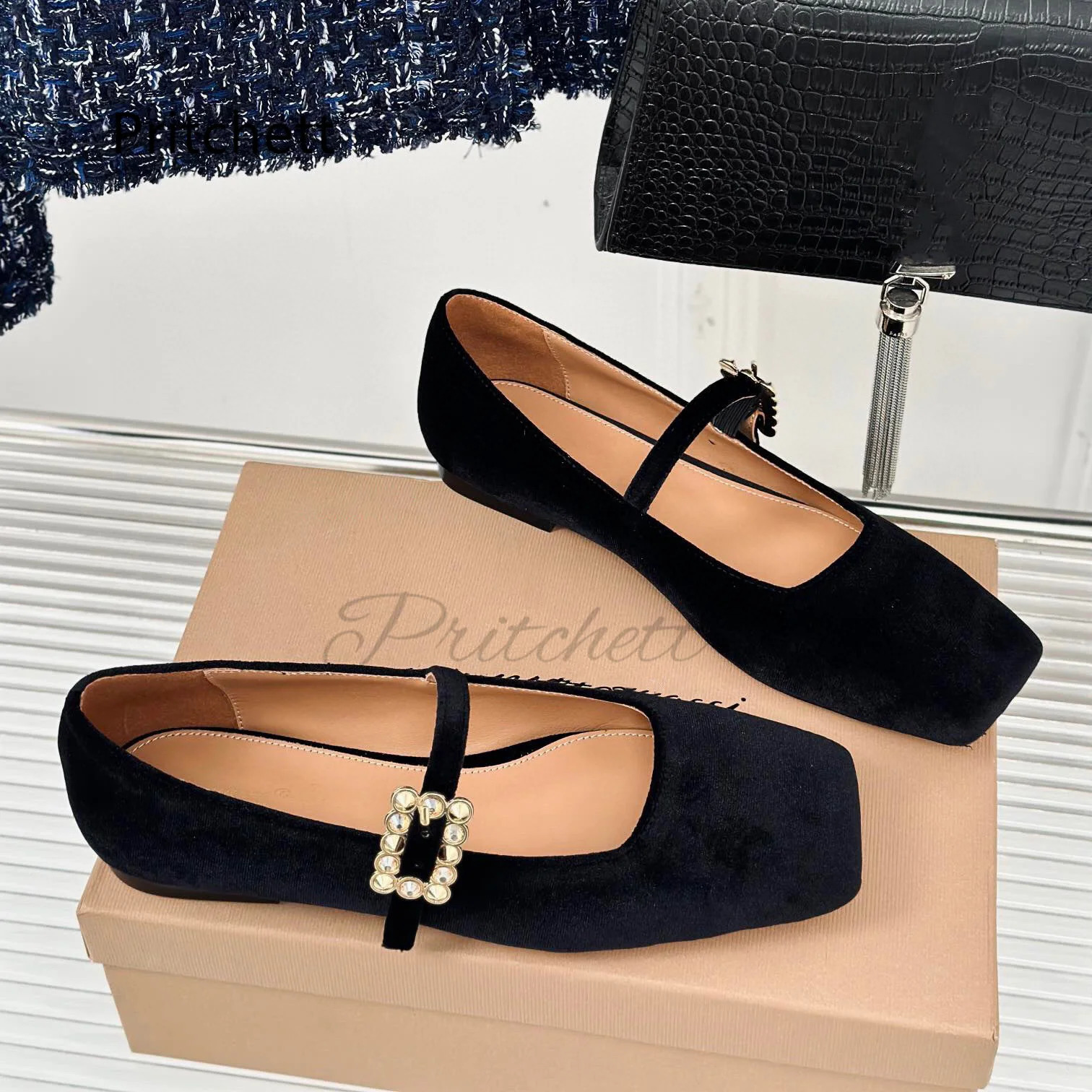 Rhinestone Square Buckle Ballet Flats Women Toe Velet Mary Janes Single Shoe Flat Casual Womens Shoes Daily In 240718