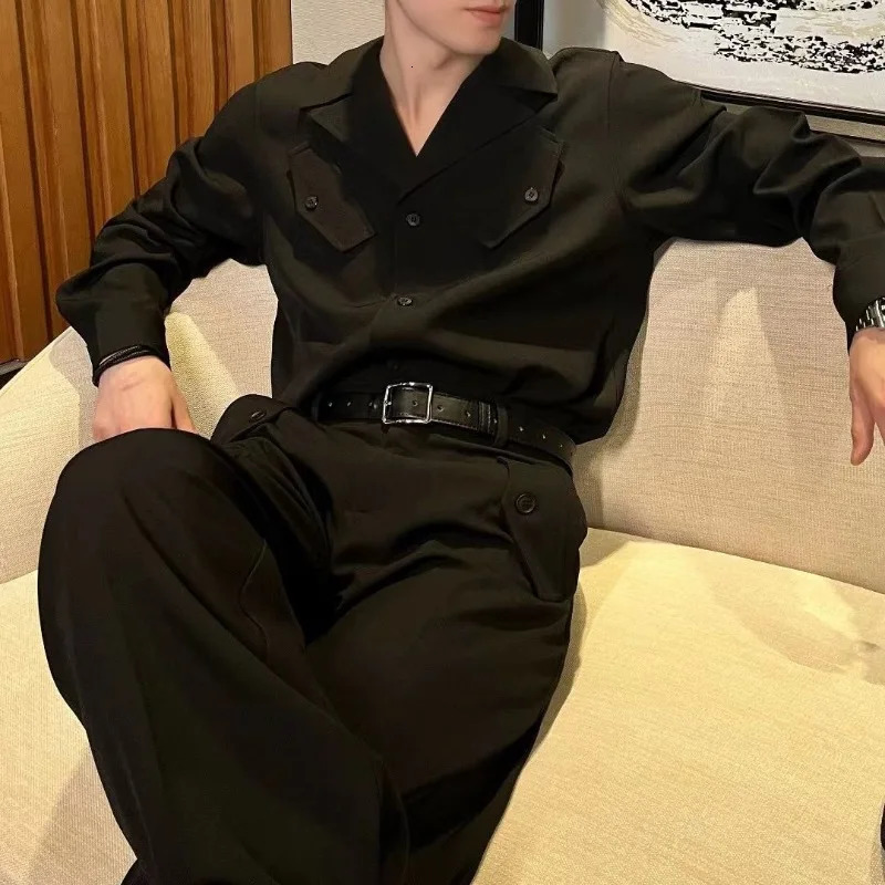 Korean Style Autumn Handsome Fashionable Shirt Suit Trendy Mens Loose Shirt Wide-leg Pants with One-piecetwo-piece Set Cityboy 240715