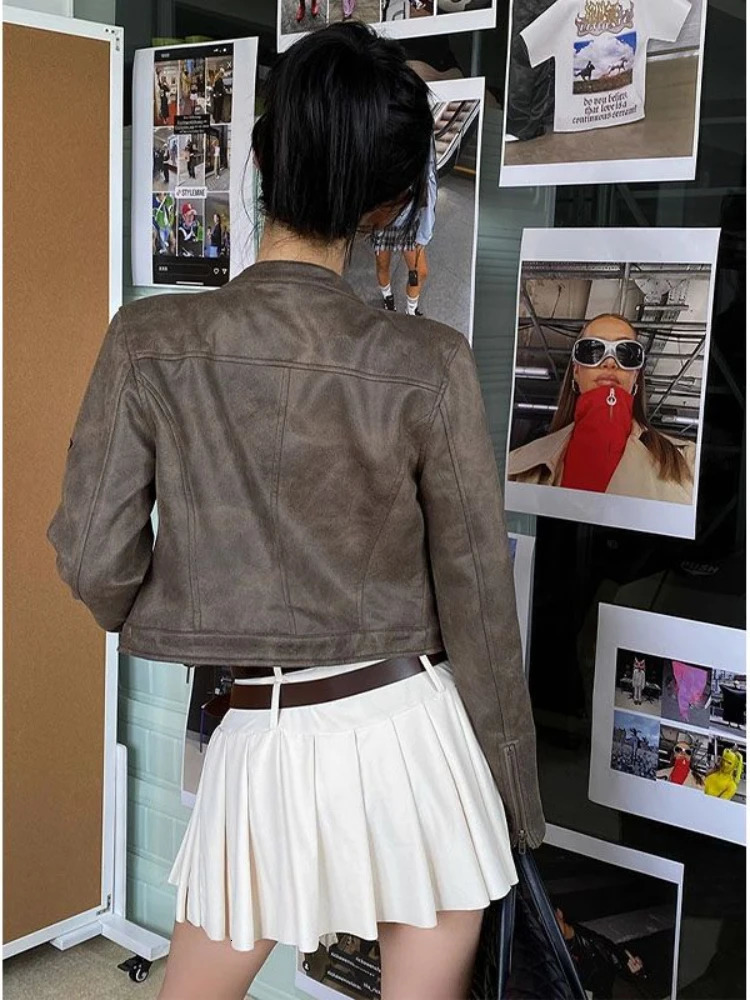 Deeptown Y2K 90s Vintage Leather Jackets for Women Punk Grunge Zipper Moto Biker Coats Harajuku Techwear Cropped Outwear Hip Hop 240717