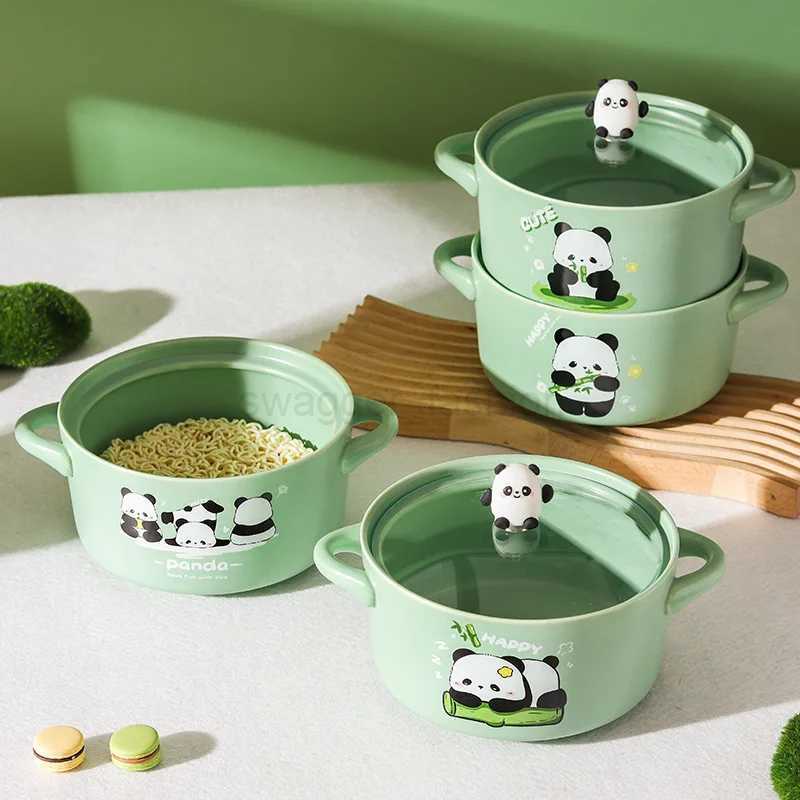 Panda Ceramic Bowl 800ml Covered Lamian Noodles Bowl Lovely Panda Instant Noodle Bowl Covered Double Ear Rice Bowl Soup Bowl SetB270723