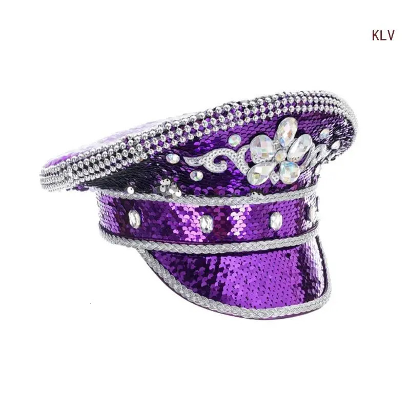 Sequins Bride Hat for Sailing Party Glitter Captain Cap Music Festival Women Cosplay Cap Goggle Captain Hat 6XDA 240715
