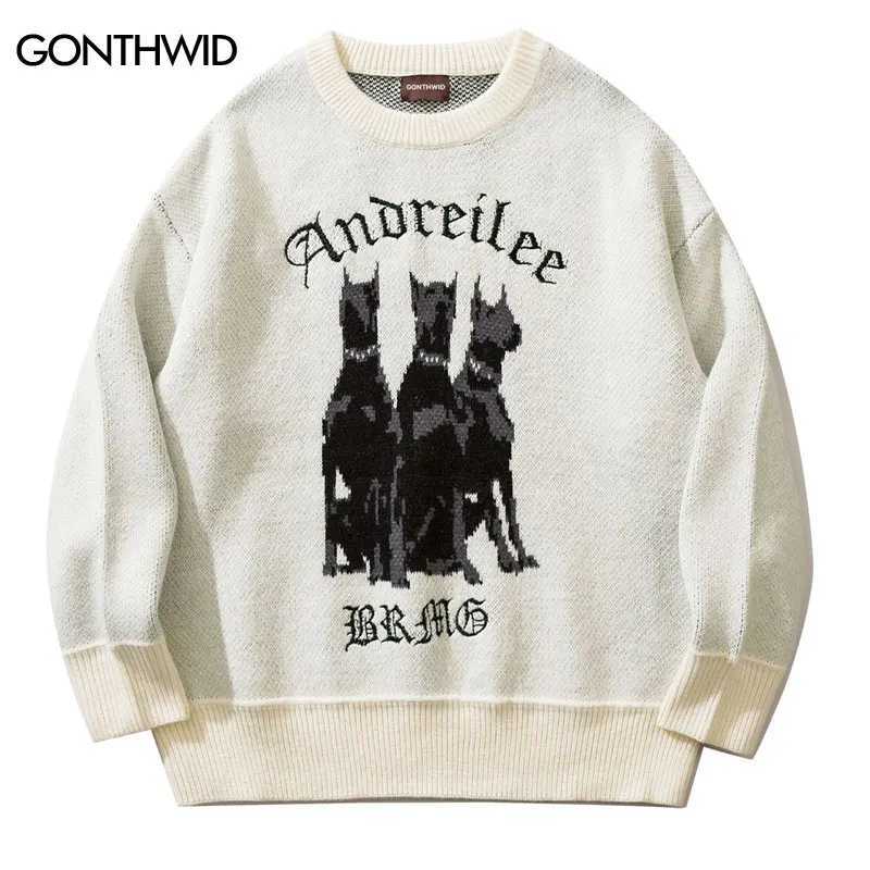 Men Vintage Sweater Y2K Streetwear Hip Hop Vintage Knitted Doberman Dog Sweaters Autumn Harajuku Fashion Retro Casual Sweaters Z240912