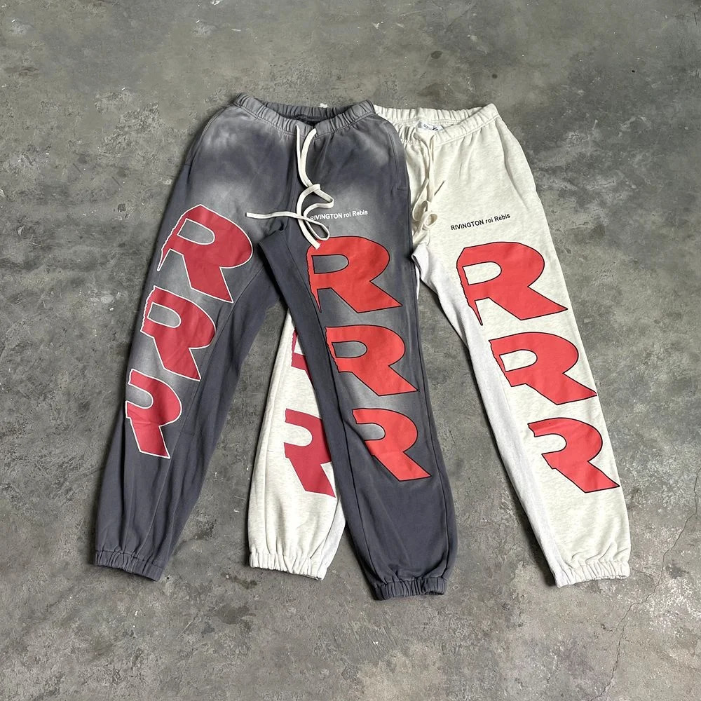 Yao888 RRR1123 Fashion 100% Cotton Vintage Washed Pants Sport Loose Drawstring Print Streetwear Trousers Sweatpants For Men 240716