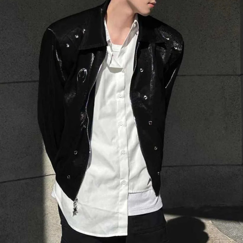 Mens Leather Outerwear Y2k Clothes Trend Streetwear Faux Leather Glossy Long Sleeve Jackets Motorcycle Zipper Short Tops Coat 240716