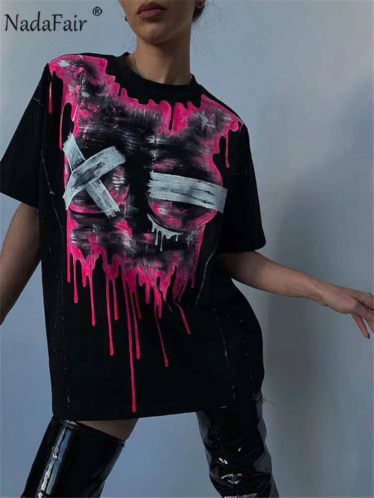 Nadafair Summer Printed O Neck Casual Gothic T Shirts Black Short Sleeve Graphic Tops Women Oversized Y2K Loose Tees Cotton 240717
