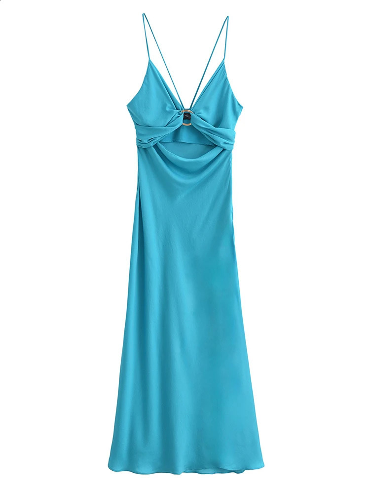 TRAF Sexy Satin Lace Up Hollow Out Dres Slim Sleeveless Backless Party Dresses Female 2024 Summer Lady Robe 240905