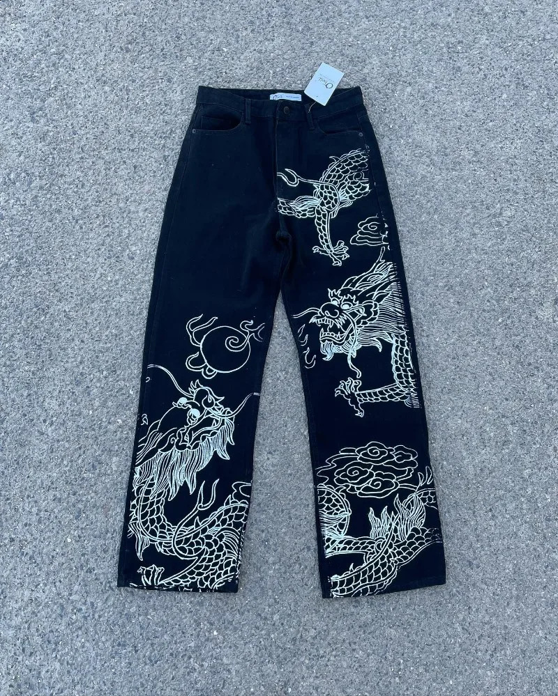 Harajuku Anime Denim Pants Y2k Hip Hop Streetwear Fashion Pattern Printing Men Clothes Loose Straight Cylinder Casual Trousers 240719