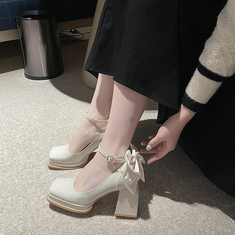 Mary Jane Womens Shoes Spring Shallow Mouth Thick Heel Square Head Waterproof Platform Fashion Large Single Shoe Women 240718