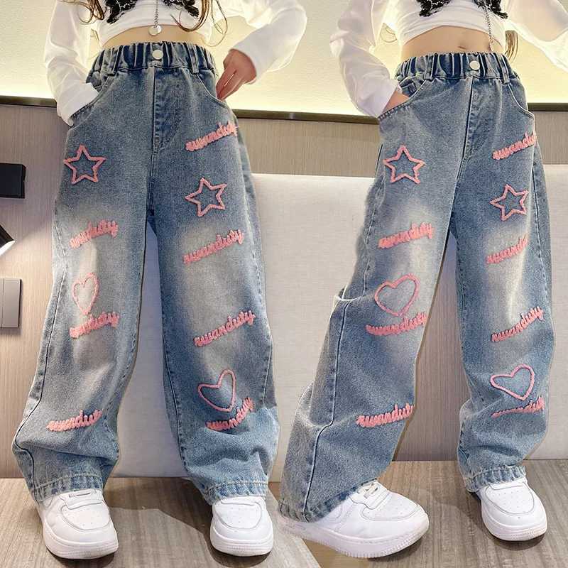 Jeans Kids Fashion Long Jeans Girls School Wide Leg Pants with Towel Embroidery Heart Star Casual Loose Children Korean Style Trousers