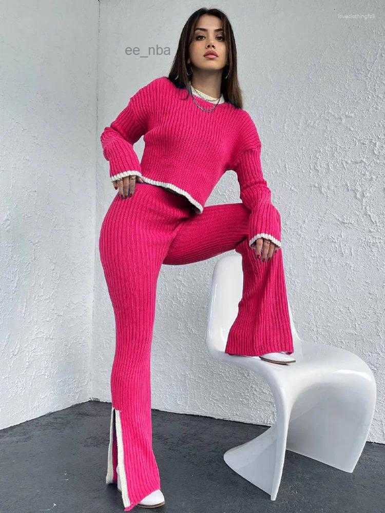 Womens Two Piece Pants Tracksuits Split Up Pullover Sweater Wide Leg Suit 2024 Autumn Casual Elegant Streetwear Color Block Knitted Women C260312
