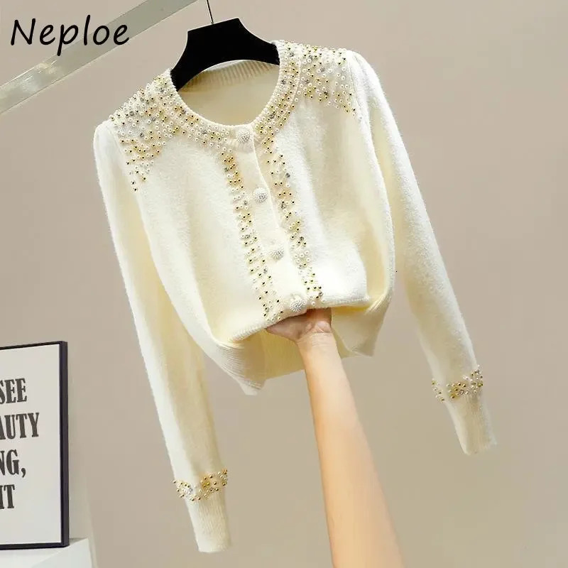 Neploe O Neck Beading Diamonds Outerwear Autumn Solid Color Long Sleeve Single-breasted Sweater Y2k Clothes Cardigan Women 240717
