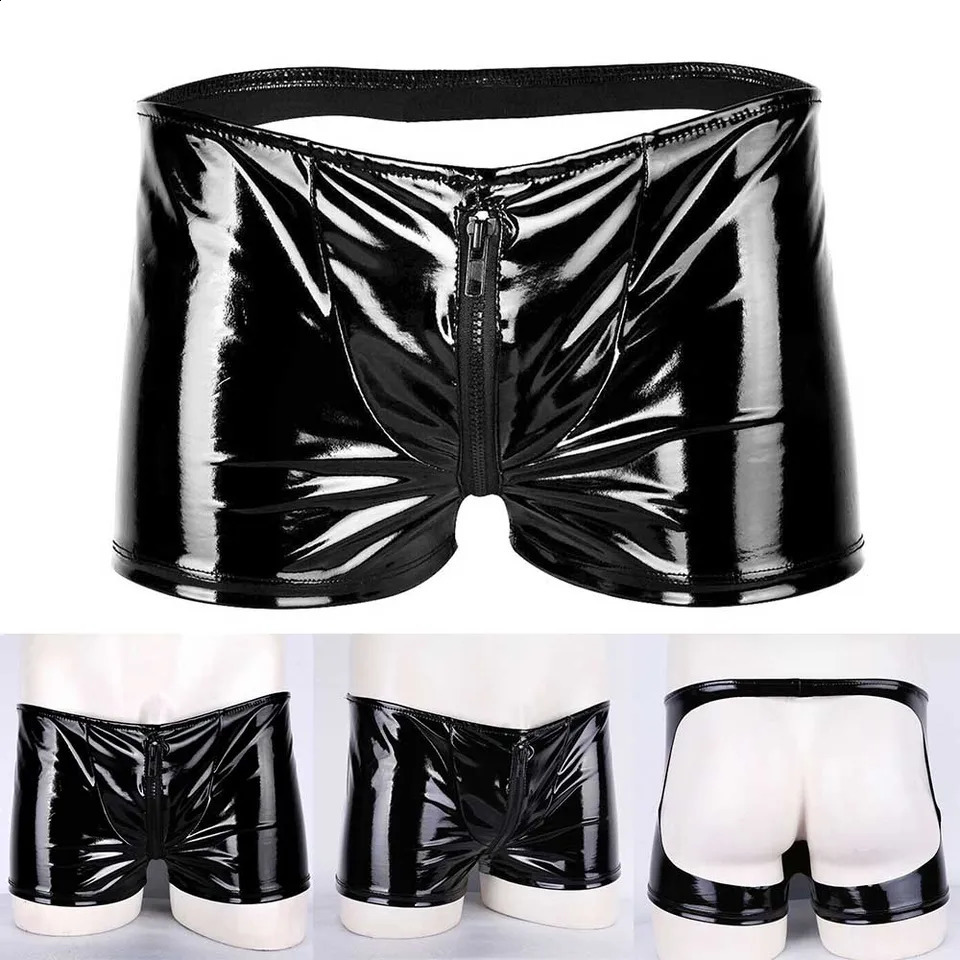 Open Butt Club Panites Man Faxu Leather Hollow Out Boxer Trunks Sexy Zip Pouch Underpants Eortic Lingerie Gay Men PVC Shorts 240711